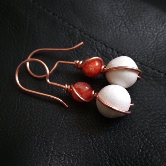 Uniquely Handmade Earrings: Lively Glowing Orange & Creamy White Stone w. Copper - Picture 6 of 11